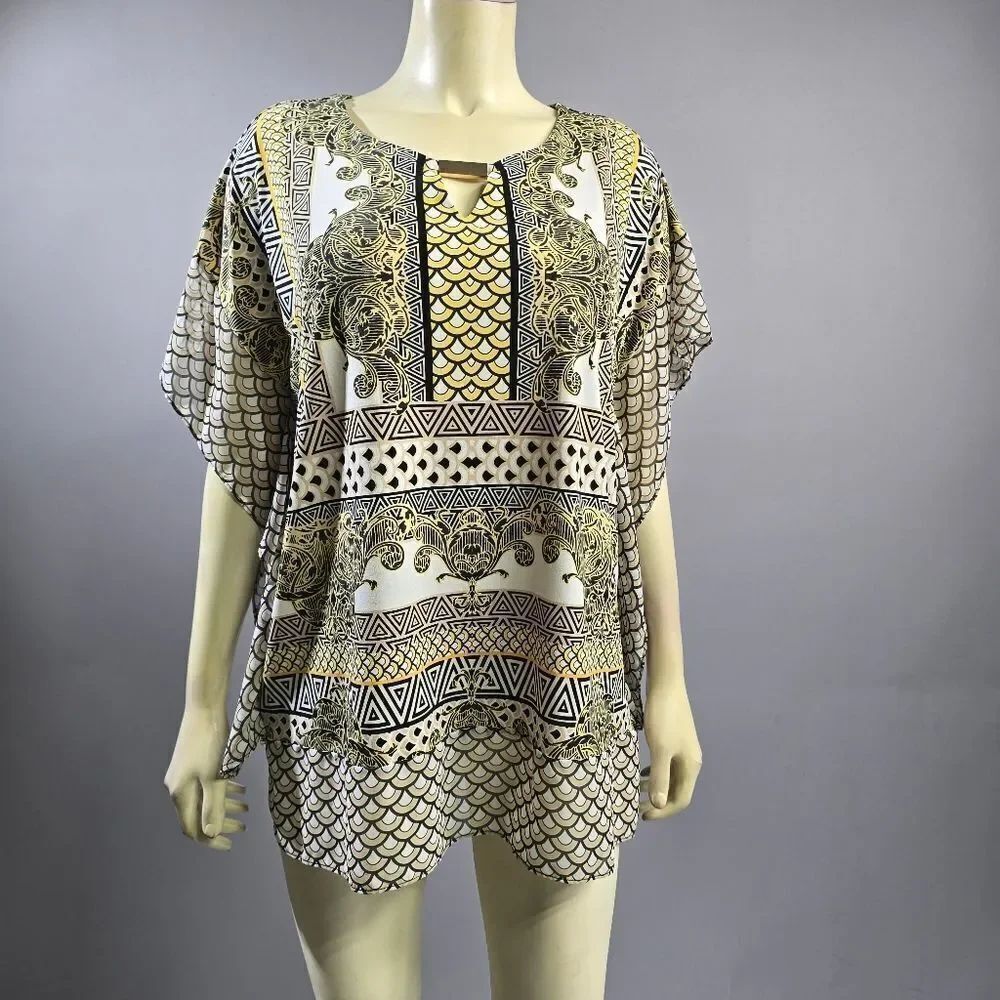 JM Collection Gold and Black Patterned Blouse R5